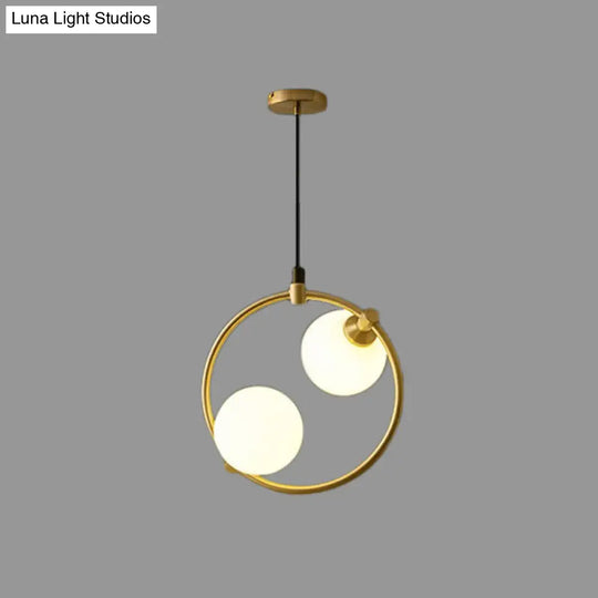 Opal Glass 2-Bulb Ball Pendant Chandelier - Simple Style Dining Room Ceiling Light In Gold