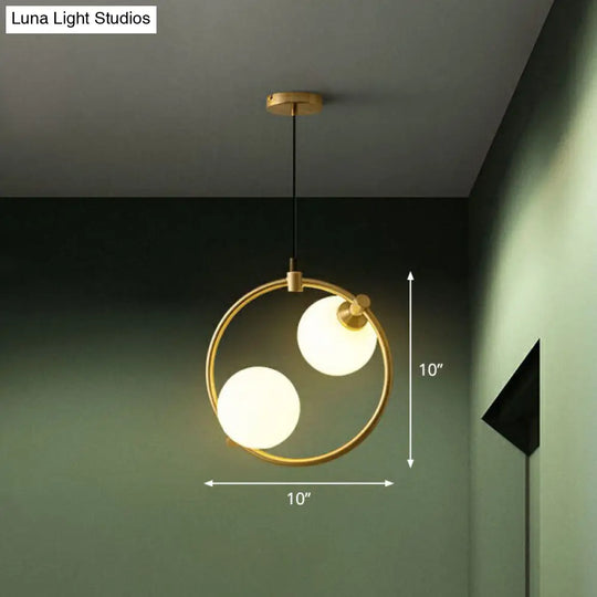 Opal Glass 2-Bulb Chandelier: Simple Style Gold Ceiling Light For Dining Room With Ring Deco / Small