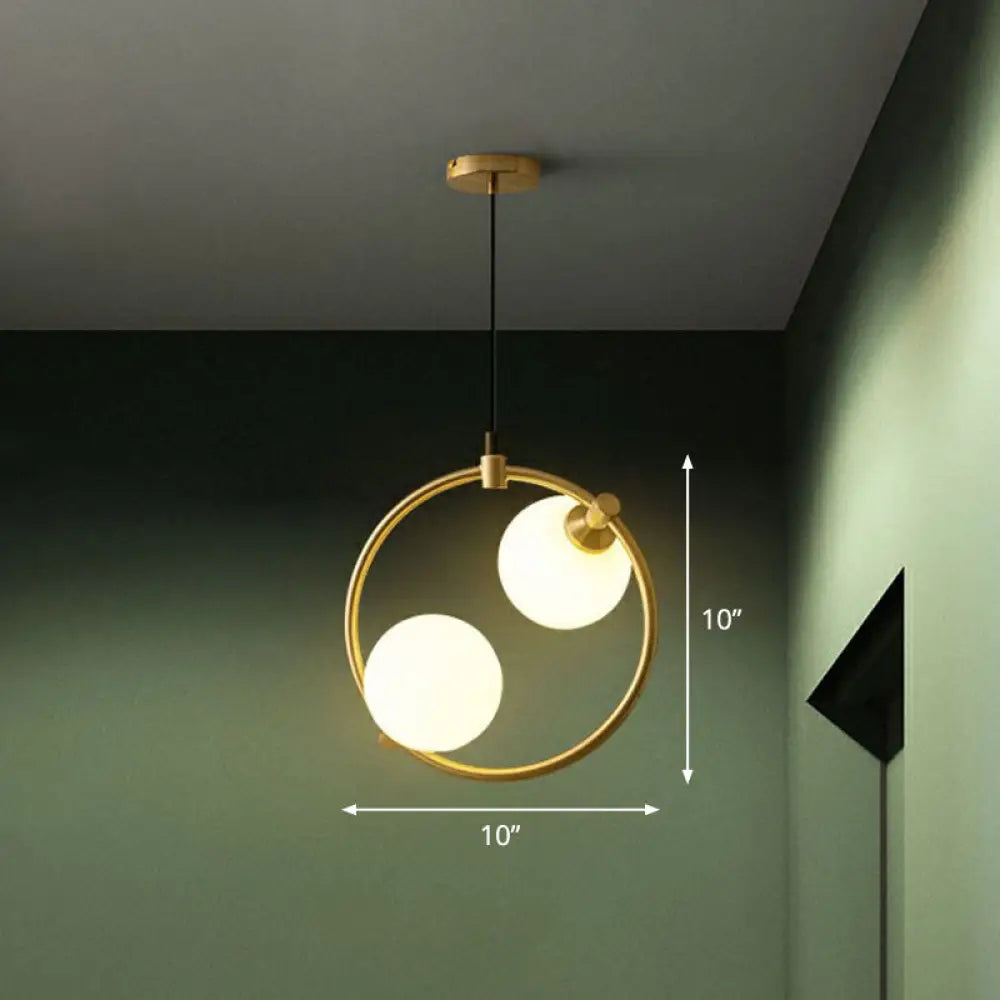 Opal Glass 2-Bulb Ball Pendant Chandelier - Simple Style Dining Room Ceiling Light In Gold / Small