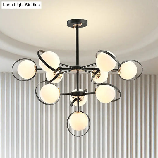 Opal Glass 3-Tier Modo Pendant Lighting Chandelier - Modern 10-Head Black With Ring Detail