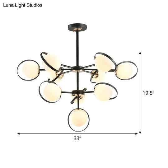 Opal Glass 3-Tier Modo Pendant Lighting Chandelier - Modern 10-Head Black With Ring Detail