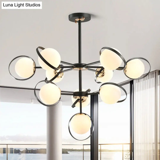 Opal Glass 3-Tier Modo Pendant Lighting Chandelier - Modern 10-Head Black With Ring Detail