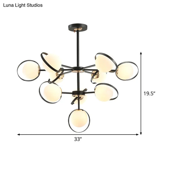 Opal Glass 3-Tier Modo Pendant Chandelier - Modern Black 10-Head Hanging Light With Ring Detail