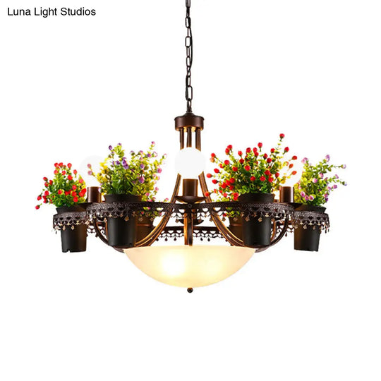 Bowl Chandelier Pendant Light With Opal Glass 9-Bulb Black Ceiling Lamp And Potted Plant: A Perfect