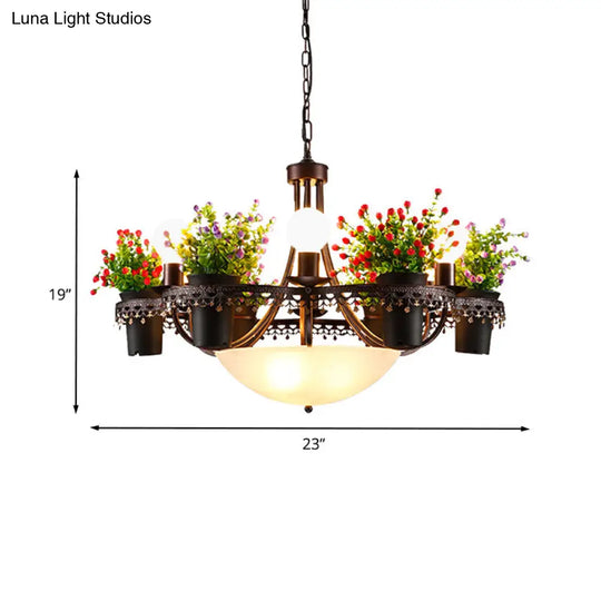 Bowl Chandelier Pendant Light With Opal Glass 9-Bulb Black Ceiling Lamp And Potted Plant: A Perfect