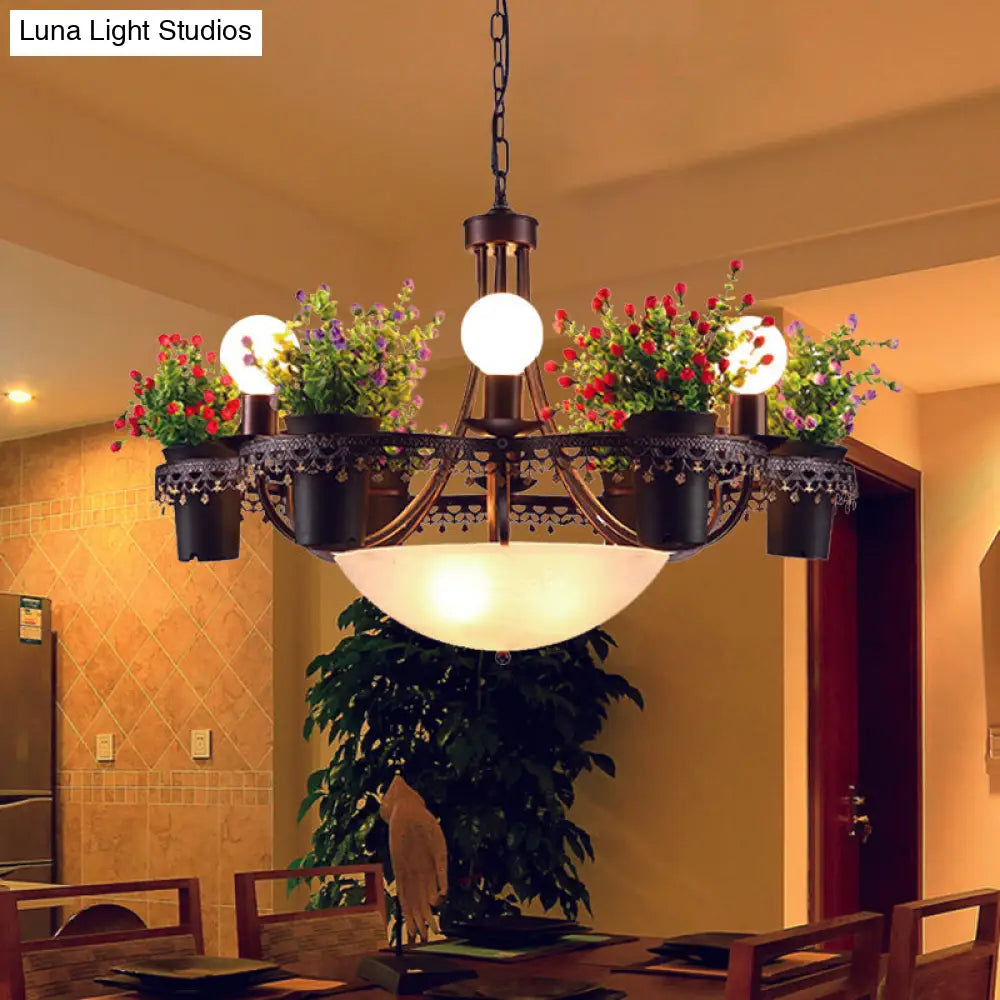 Bowl Chandelier Pendant Light With Opal Glass 9-Bulb Black Ceiling Lamp And Potted Plant: A Perfect