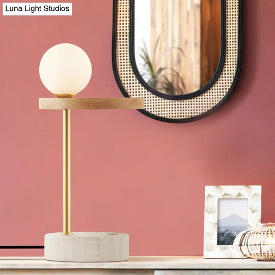 Opal Glass Asian Nightstand Lamp With Wood Sphere Design - Perfect For Living Room