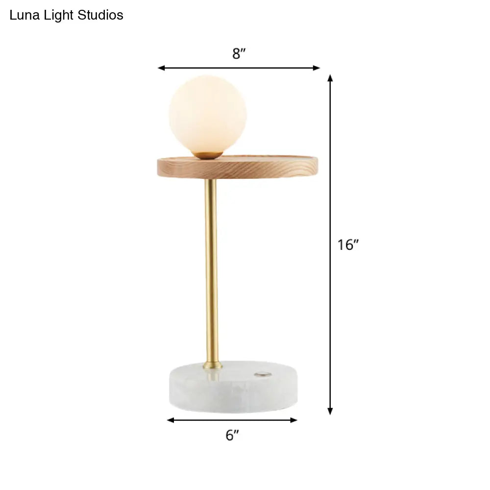 Opal Glass Asian Nightstand Lamp With Wood Sphere Design - Perfect For Living Room