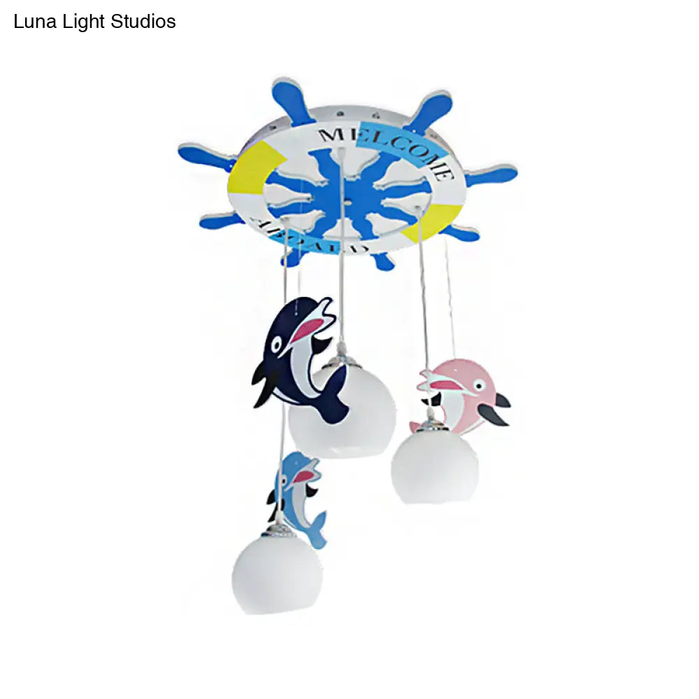 Opal Glass Ball Ceiling Light - Cartoon 3 Bulb Blue Pendant Lamp With Dolphin Deco And Rudder Canopy