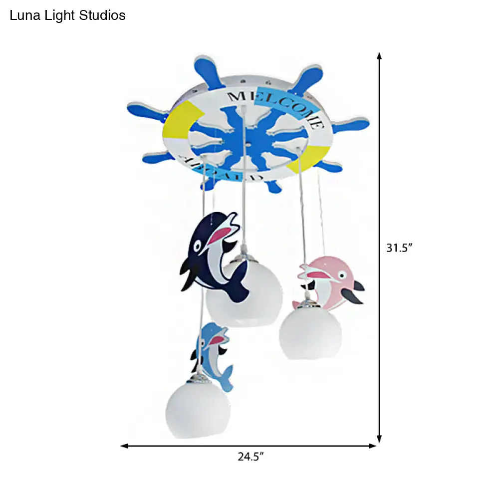 Opal Glass Ball Ceiling Light - Cartoon 3 Bulb Blue Pendant Lamp With Dolphin Deco And Rudder Canopy