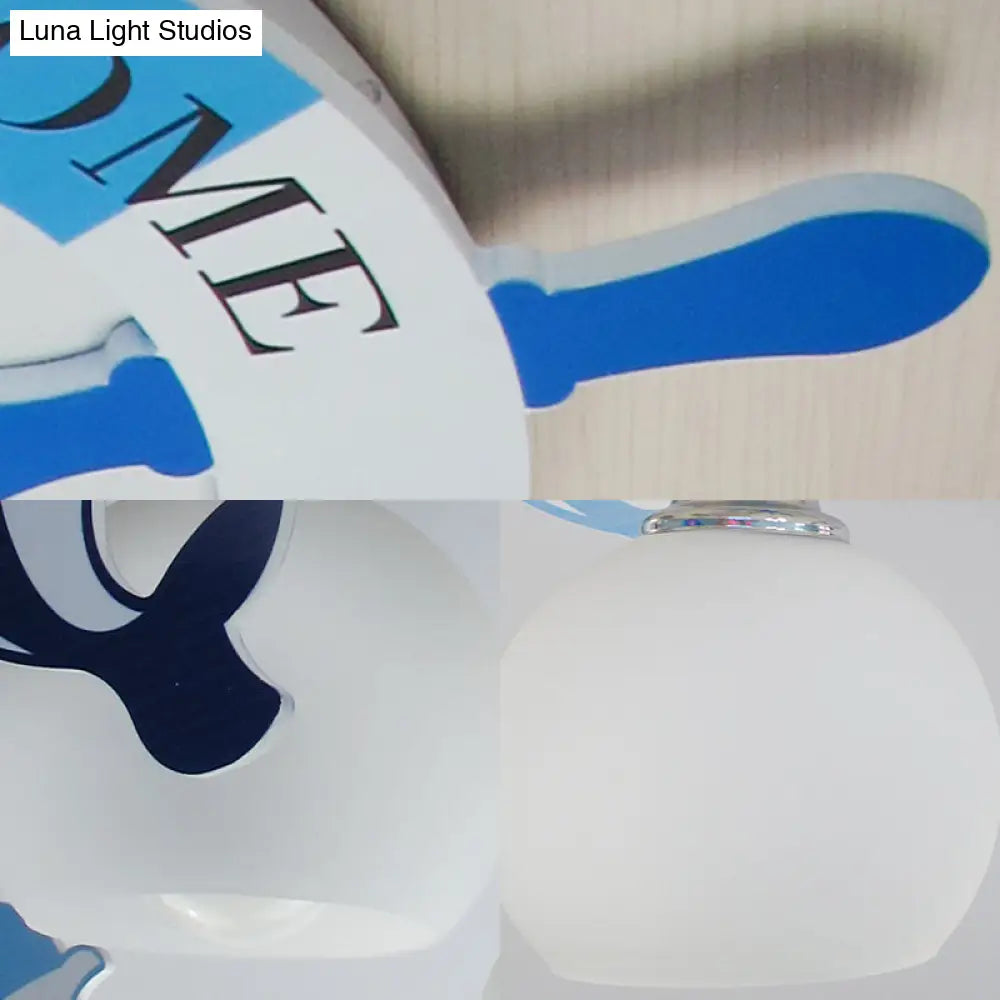 Opal Glass Ball Ceiling Light - Cartoon 3 Bulb Blue Pendant Lamp With Dolphin Deco And Rudder Canopy