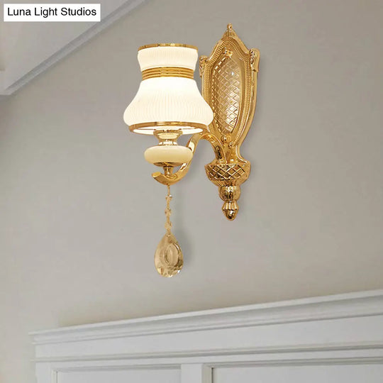 Opal Glass Bell Wall Light Retro Led Sconce Brass Hallway Lighting With Crystal Drop