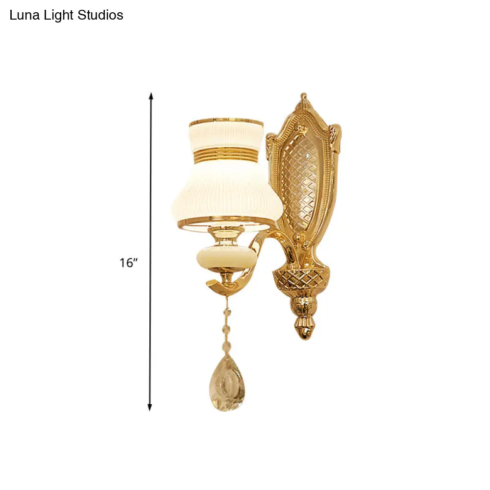 Opal Glass Bell Wall Light Retro Led Sconce Brass Hallway Lighting With Crystal Drop