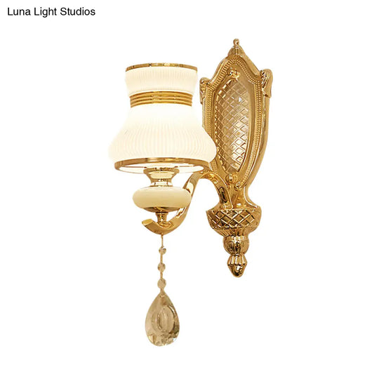 Opal Glass Bell Wall Light Retro Led Sconce Brass Hallway Lighting With Crystal Drop