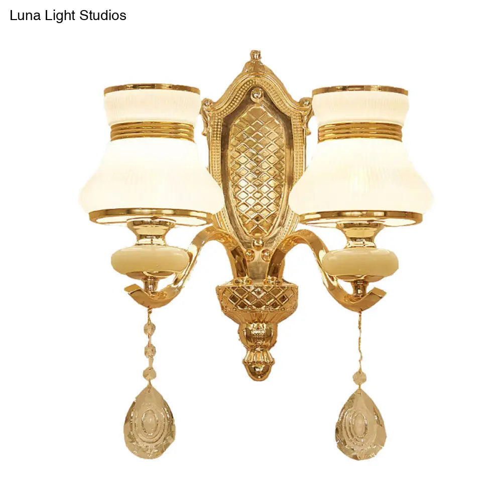 Opal Glass Bell Wall Light Retro Led Sconce Brass Hallway Lighting With Crystal Drop