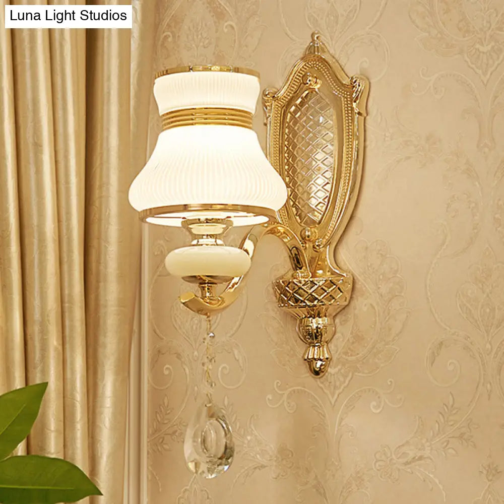 Opal Glass Bell Wall Light Retro Led Sconce Brass Hallway Lighting With Crystal Drop