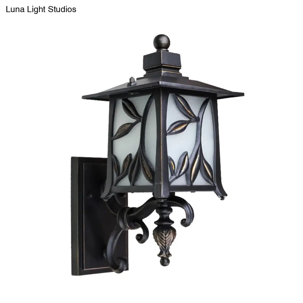 Opal Glass Black Sconce Shade Lantern - Countryside Wall Lighting With Leaf Design