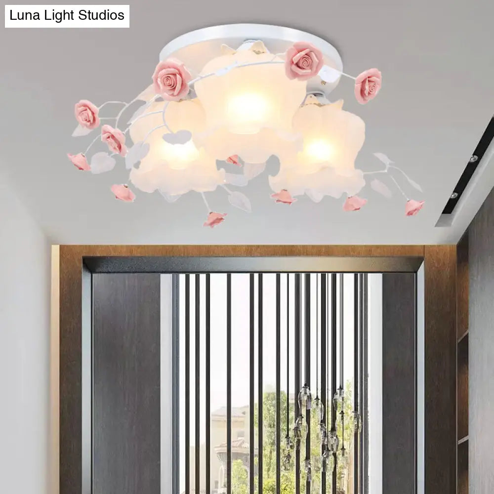 Opal Glass Bloom Ceiling Light - Countryside 3-Head Flush Mount Fixture (White/Green)