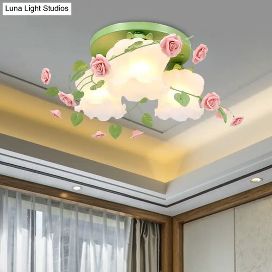 Opal Glass Bloom Ceiling Light - Countryside 3-Head Flush Mount Fixture (White/Green)