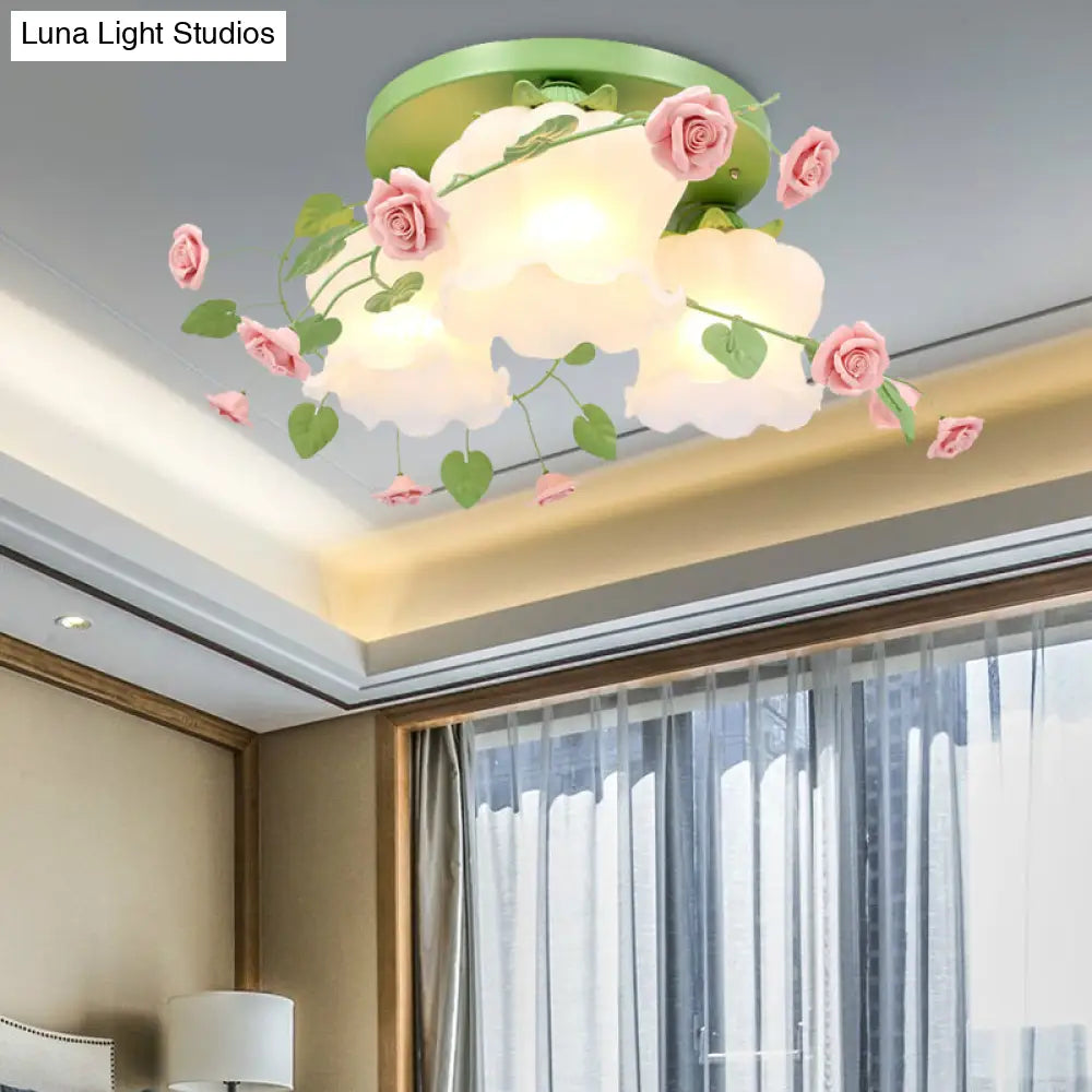 Opal Glass Bloom Ceiling Light - Countryside 3-Head Flush Mount Fixture (White/Green)