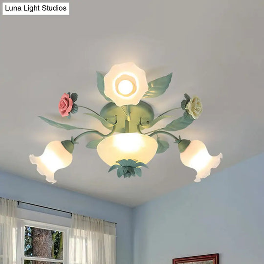 Opal Glass Blue Blossom Flush Mount Light Fixture For Living Room - 5/7/11 - Light Korean Garden