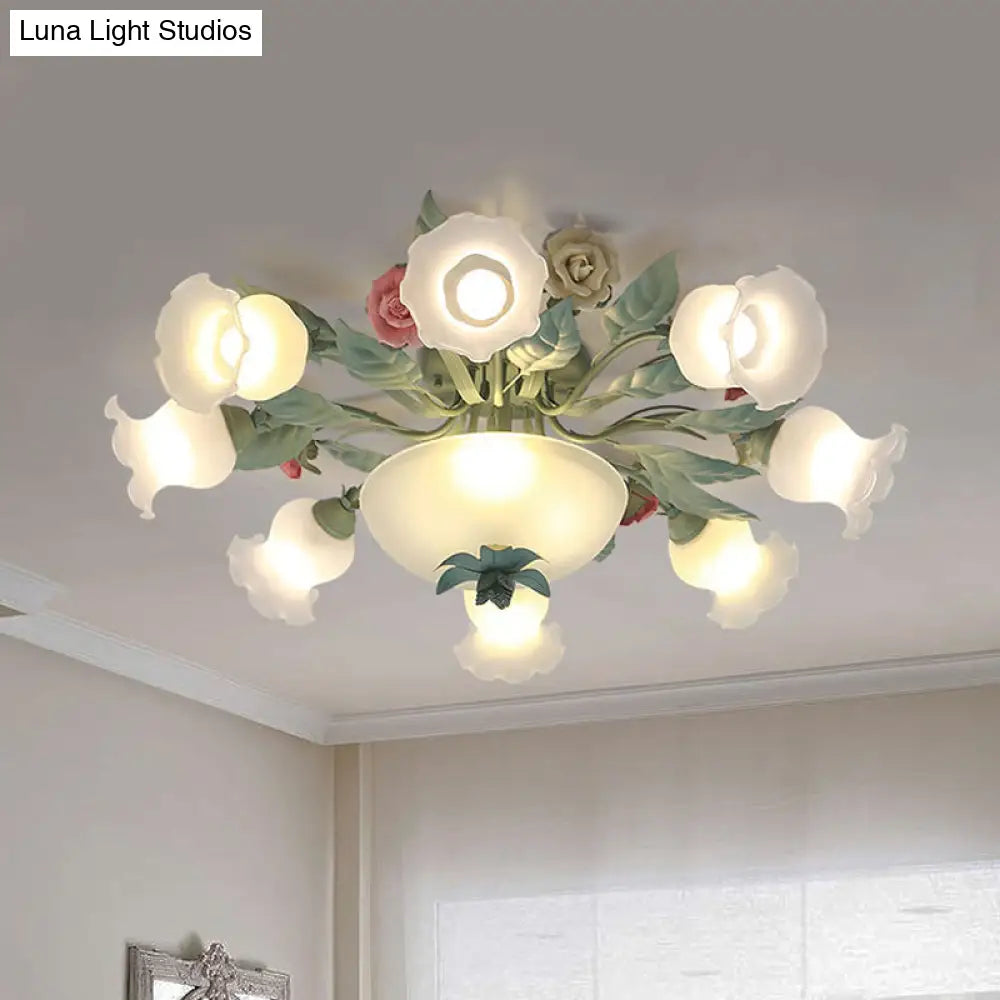 Opal Glass Blue Blossom Flush Mount Light Fixture For Living Room - 5/7/11-Light Korean Garden Style