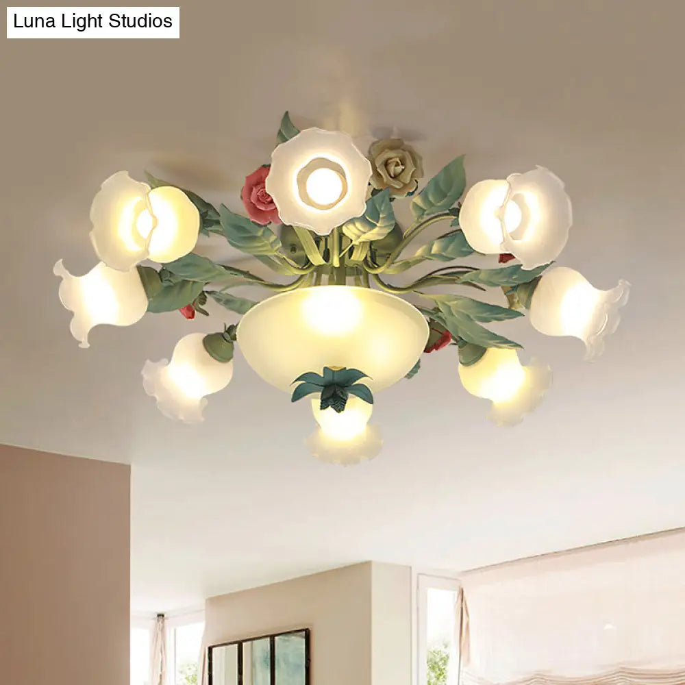 Opal Glass Blue Blossom Flush Mount Light Fixture For Living Room - 5/7/11 - Light Korean Garden