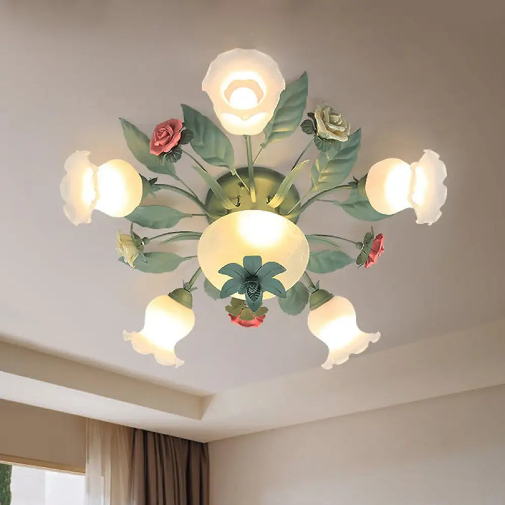 Opal Glass Blue Blossom Flush Mount Light Fixture For Living Room - 5/7/11 - Light Korean Garden