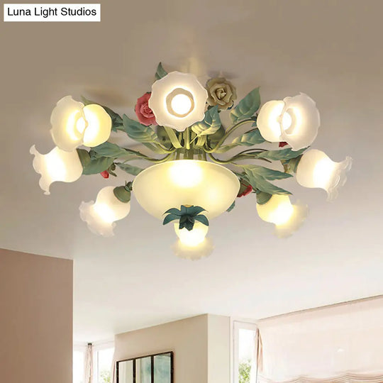 Opal Glass Blue Blossom Flush Mount Light Fixture For Living Room - 5/7/11-Light Korean Garden Style