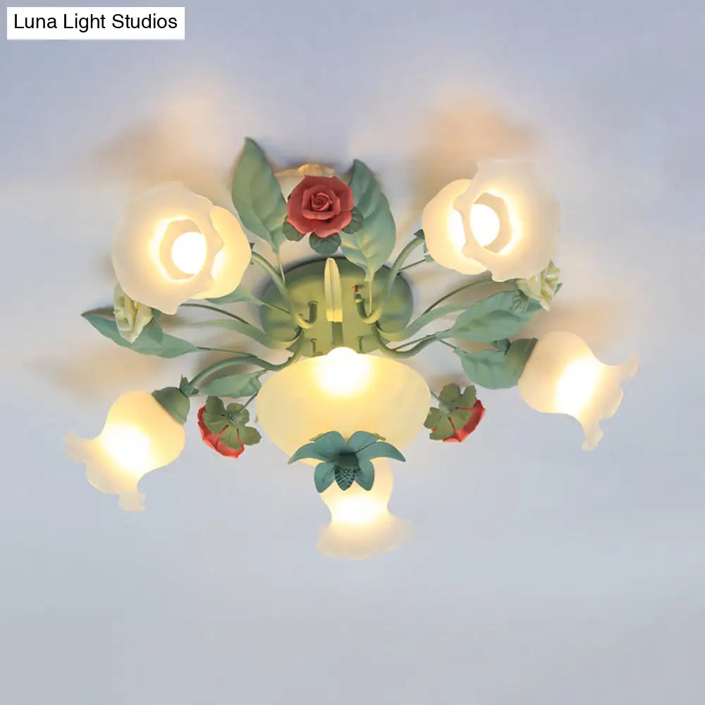 Opal Glass Blue Blossom Flush Mount Light Fixture For Living Room - 5/7/11 - Light Korean Garden