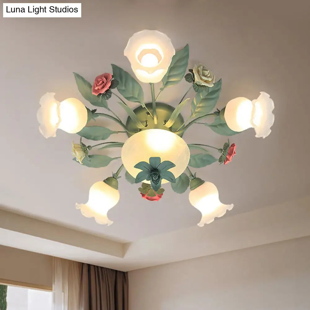 Opal Glass Blue Blossom Flush Mount Light Fixture For Living Room - 5/7/11-Light Korean Garden Style