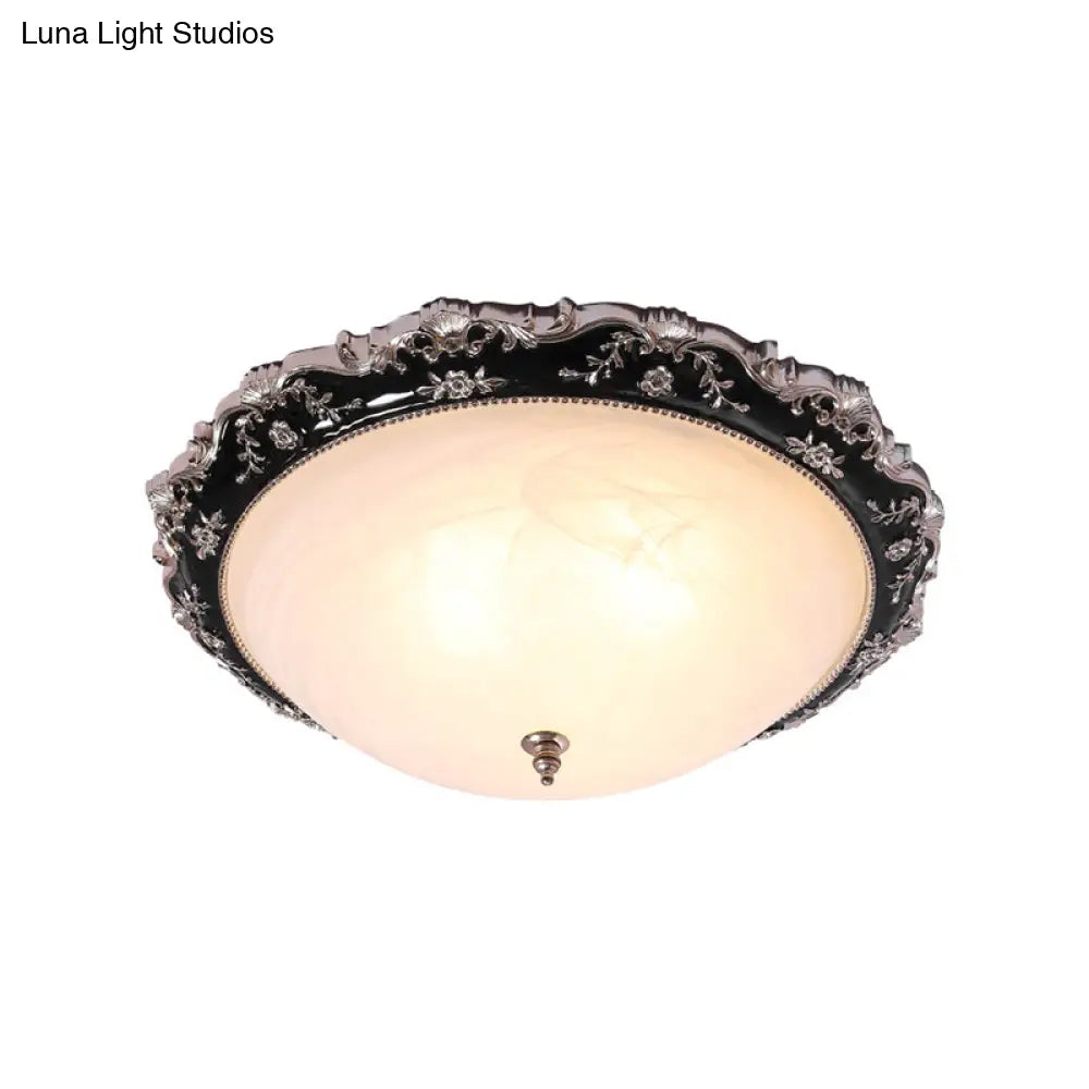 Opal Glass Bowl Ceiling Light Fixture Countryside Flush Mount Lighting In Black/Gold - 1/2-Bulb