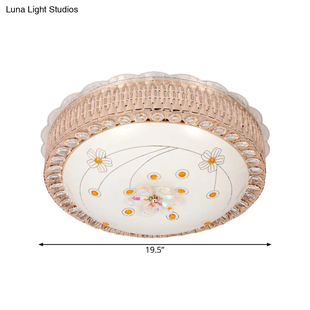 Opal Glass Bowl Flush Mount Light With Simple Gold Floral Pattern Led Close To Ceiling Lamp In