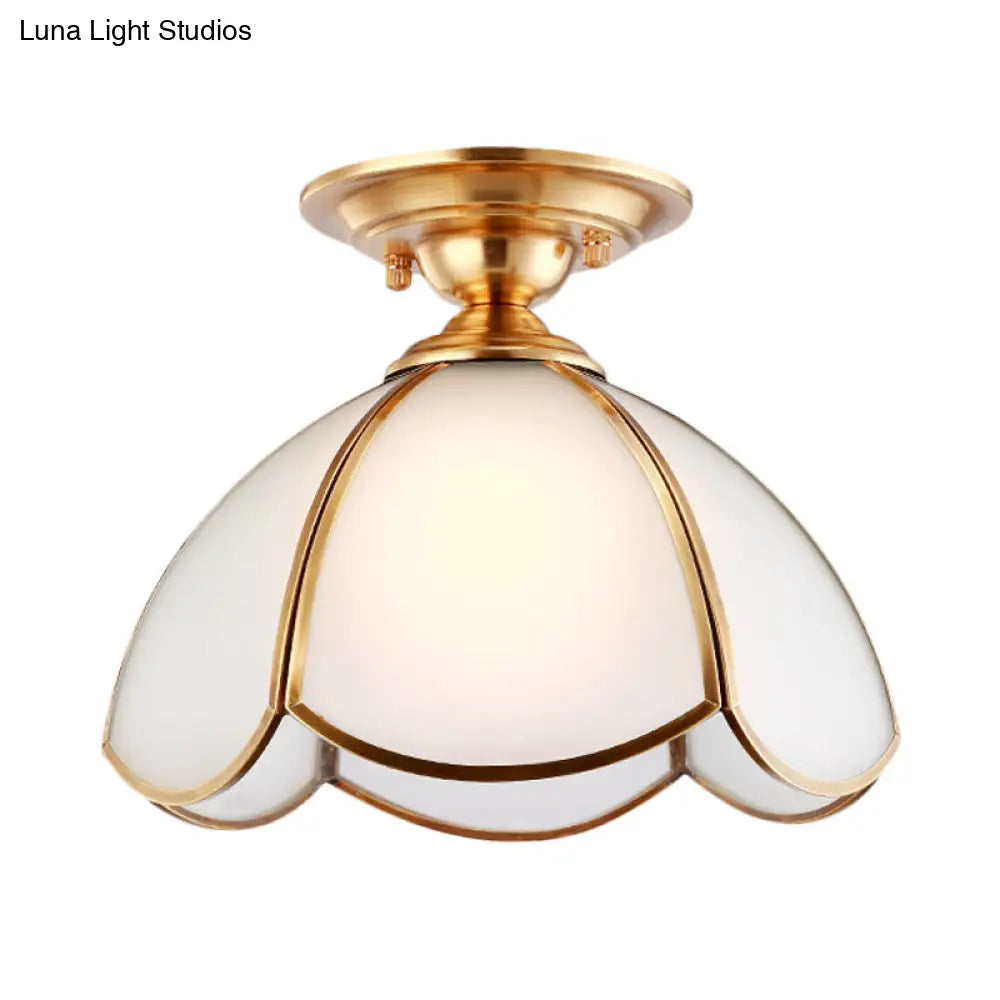 Dome Opal Glass Brass Ceiling Light Fixture For Bedroom - Semi Flush Mount Design With 1 Bulb