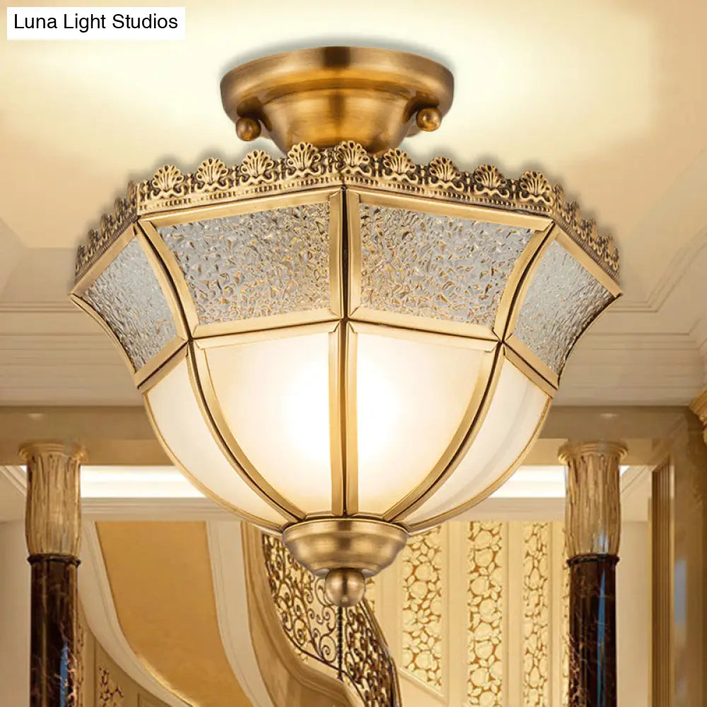 Opal Glass Brass Umbrella Semi Flush Ceiling Light Fixture - Traditional Design