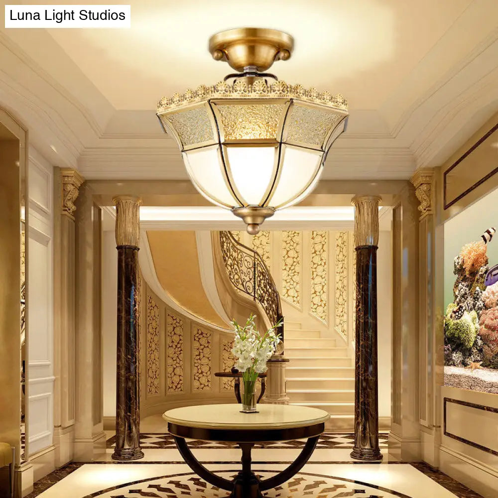 Opal Glass Brass Umbrella Semi Flush Ceiling Light Fixture - Traditional Design