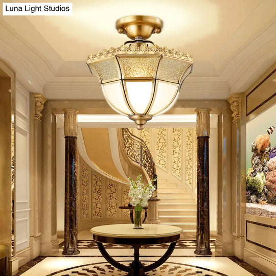 Opal Glass Brass Umbrella Semi Flush Ceiling Light Fixture - Traditional Design