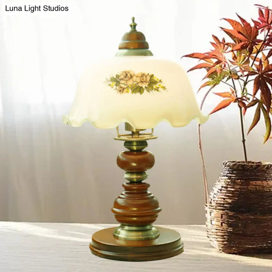 Opal Glass Brown Scalloped Table Lamp With Baluster Design - Classic 1-Bulb Book Reading Light