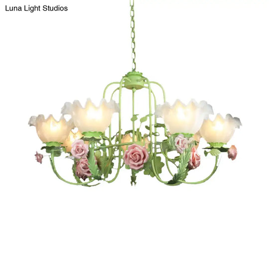 Opal Glass Ceiling Lamp With Gooseneck Arm Korean Flower Pendant Chandelier For Bedroom -