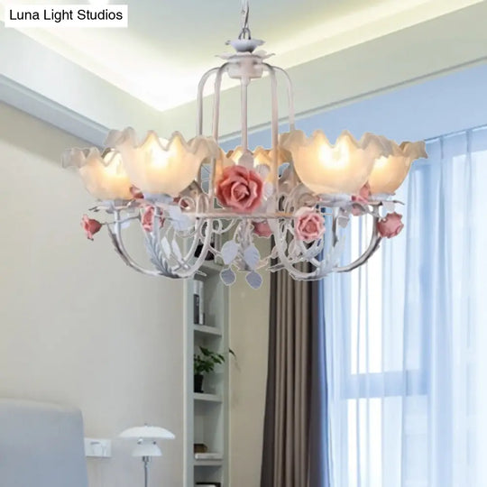 Opal Glass Ceiling Lamp With Gooseneck Arm Korean Flower Pendant Chandelier For Bedroom -