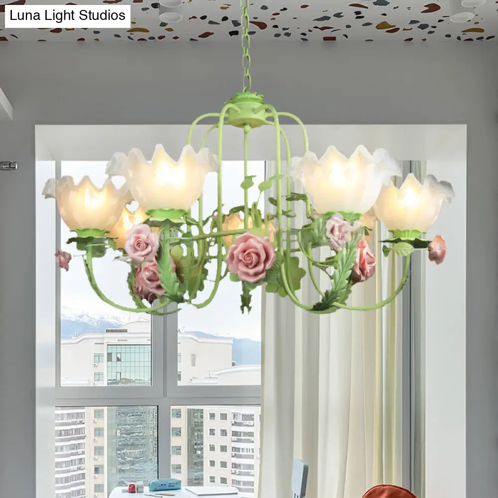 Opal Glass Ceiling Lamp With Gooseneck Arm Korean Flower Pendant Chandelier For Bedroom -