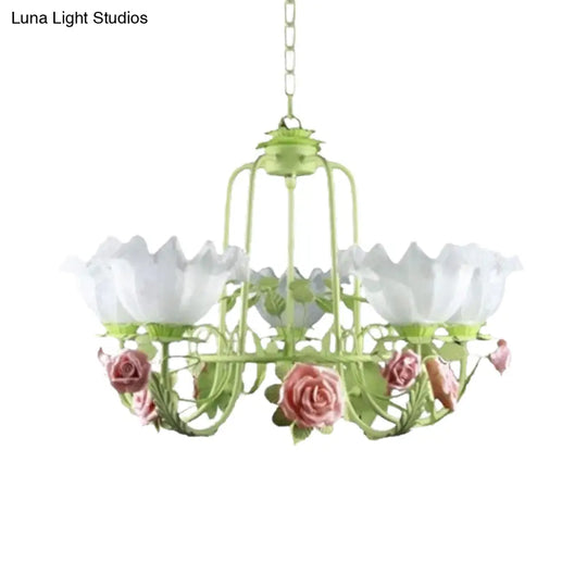 Opal Glass Ceiling Lamp With Gooseneck Arm Korean Flower Pendant Chandelier For Bedroom -