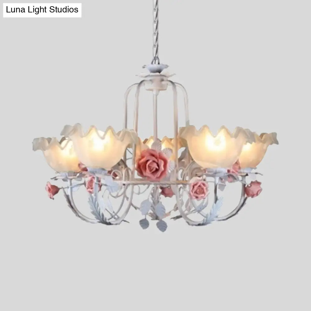 Opal Glass Ceiling Lamp With Gooseneck Arm Korean Flower Pendant Chandelier For Bedroom -