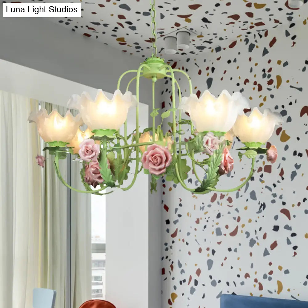 Opal Glass Ceiling Lamp With Gooseneck Arm Korean Flower Pendant Chandelier For Bedroom -