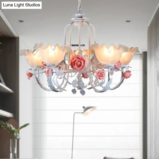 Opal Glass Ceiling Lamp With Gooseneck Arm Korean Flower Pendant Chandelier For Bedroom -