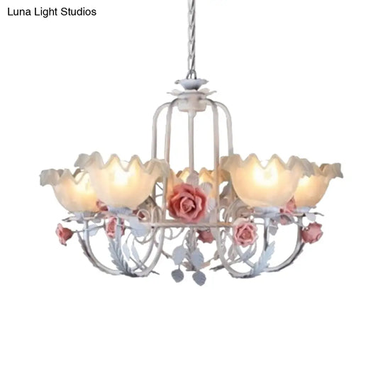 Opal Glass Ceiling Lamp With Gooseneck Arm Korean Flower Pendant Chandelier For Bedroom -