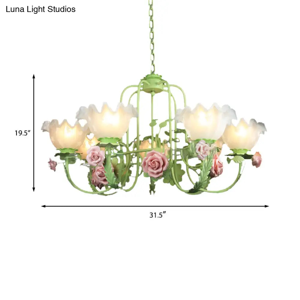 Opal Glass Ceiling Lamp With Gooseneck Arm Korean Flower Pendant Chandelier For Bedroom -