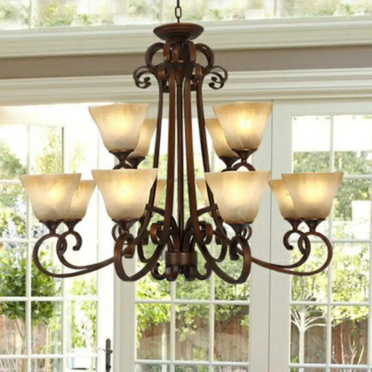 Opal Glass Chandelier Light Fixture - Traditional Bell Ceiling Lighting With Scroll Arm In Copper 12