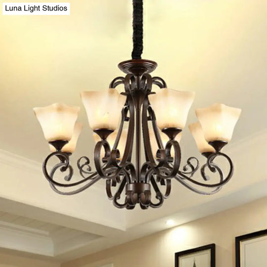 Opal Glass Chandelier Light Fixture - Traditional Bell Ceiling Lighting With Scroll Arm In Copper