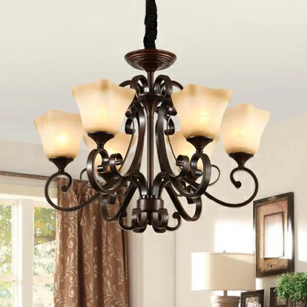 Opal Glass Chandelier Light Fixture - Traditional Bell Ceiling Lighting With Scroll Arm In Copper 6